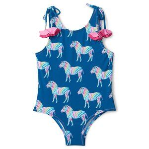Hatley Girl's Rainbow Zebra Shoulder Bow Swimsuit Blue 2T